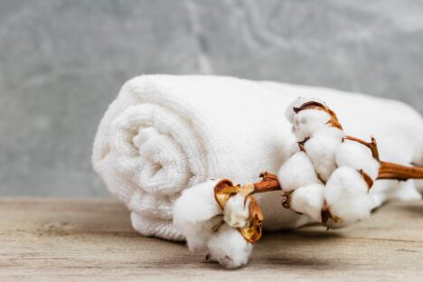 Gots Organic Certificate Cotton flower branch and white towel in the bathroom. Organic cotton products